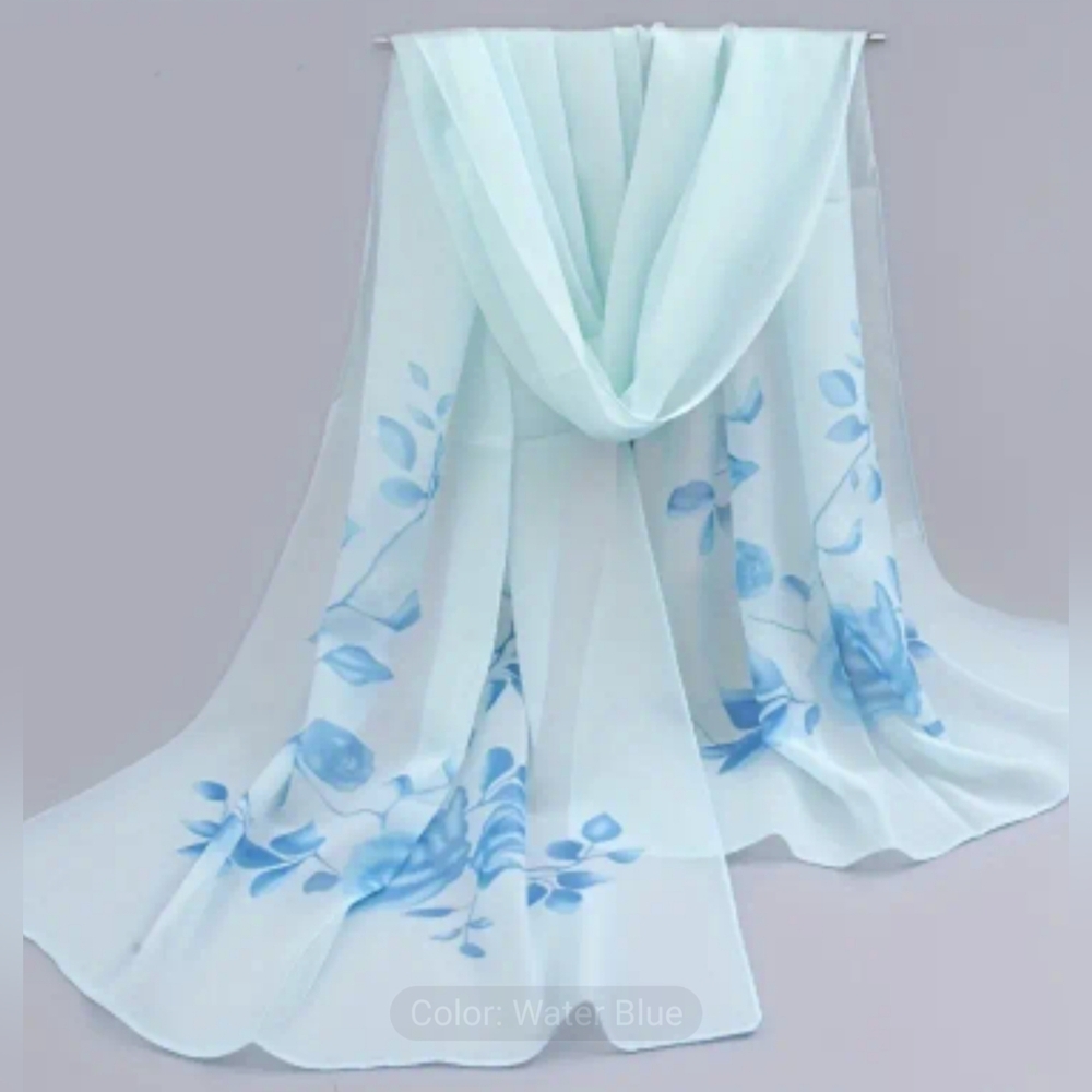 Water Blue Floral Sheer Scarf | Lightweight Chiffon Wrap Shawl, T11MIS